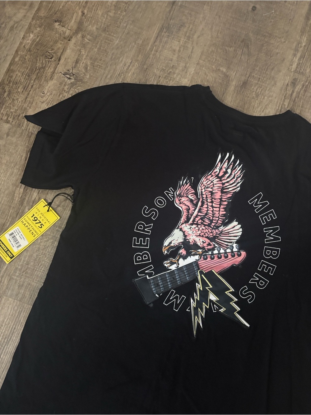 Members Only Black Short-Sleeve Tee with Pink Eagle Chest Graphic